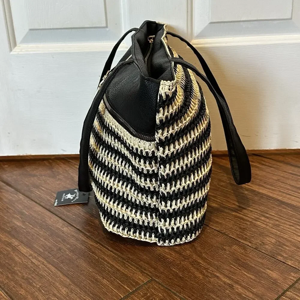 Beverly‎ Hills Polo Club Women Black Straw Stripe Tote Bag Gold Logo NWT